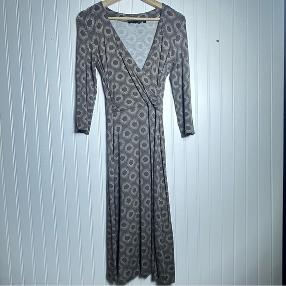 Boden Brown and White Circle Wrap Midi Fit and FLare Dress SZ 8R Stretch Casual - Picture 1 of 12